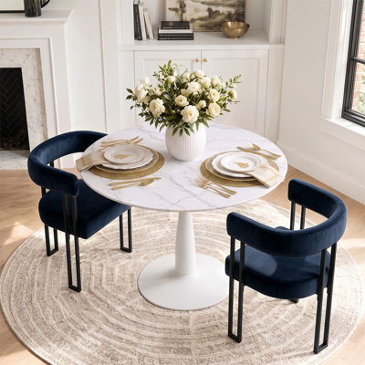 Ensemble de table de salle à manger pour 2 personnes avec table ronde et 2 fauteuils rembourrés en velours