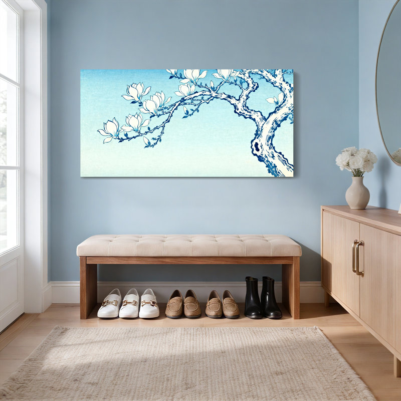 Ensemble de 1 tableau sur toile représentant une branche de magnolia bleu et blanc, H 12 po x l 36 po