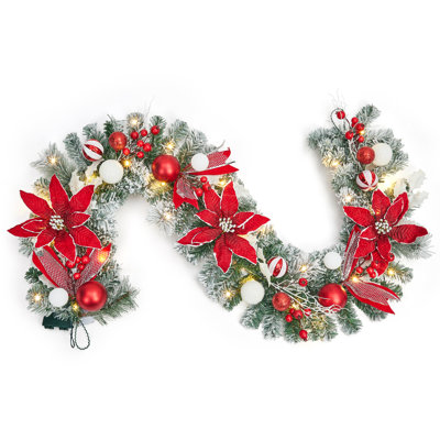 6 ft Pre-Lit Christmas Garland with 20 Warm White LED Lights, Battery-Operated Pinecones, Berries & Ornaments