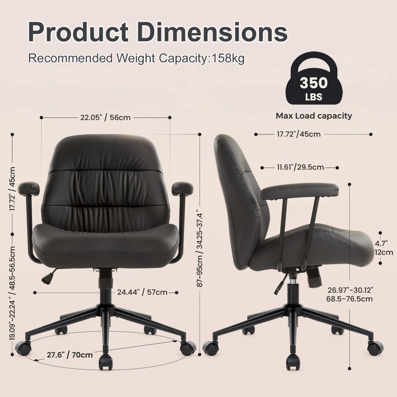 Black Office Chair, Pu Leather Ergonomic Desk Chair With Armrests, Mid-century Modern Executive Task Chairs, Height Adjustable