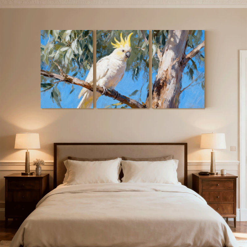 Oiseaux cacatoès perchés sur une branche d'arbre, fond de ciel bleu, ensemble de 3 impressions sur toile, H 18 po x l 36 po