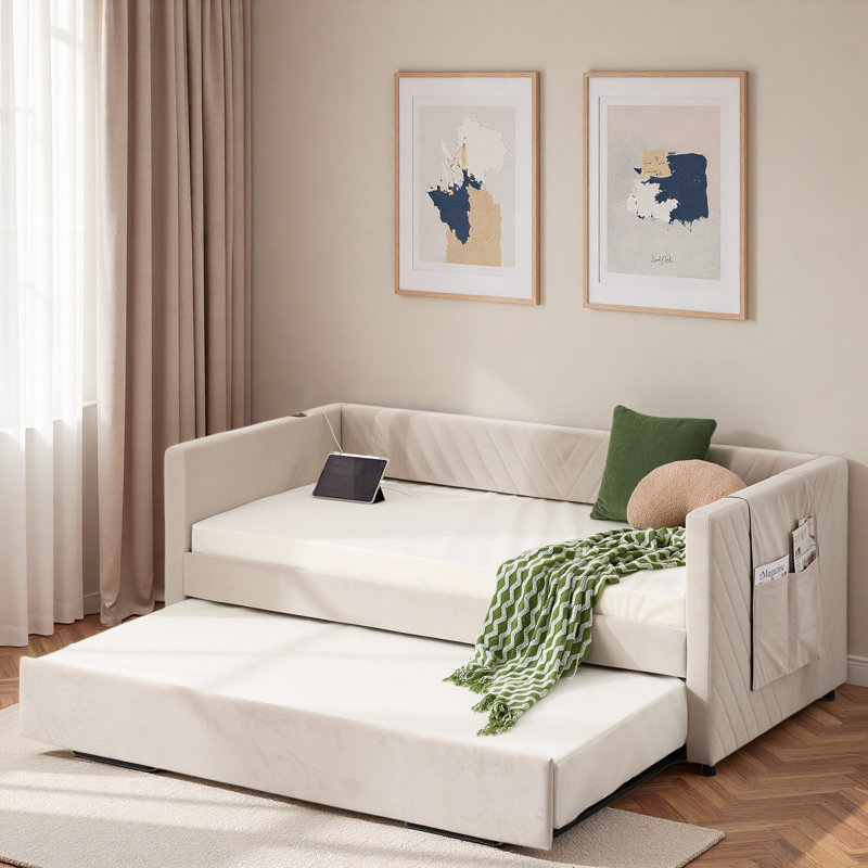 Lit de jour rembourré avec couchette, port USB et poches latérales, Beige