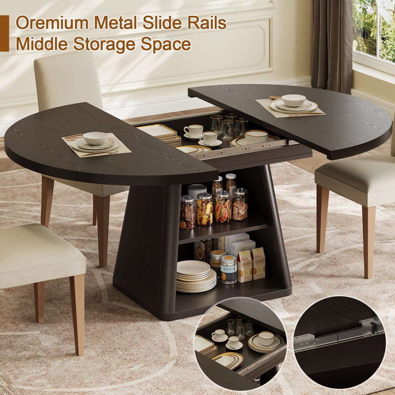 Table de salle à manger extensible de 43 à 59 po pour 4 à 6 personnes, table de salle à manger ronde / ovale avec espace de rangement Transformer, table de cuisine en bois peu encombrante avec plateau épais et base piédestal