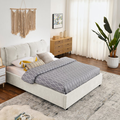 Queen Size Chenille Upholstered Storage Hydraulic Platform Bed with Integrated Headboard, Modern Upholstered Storage Bed, Beige