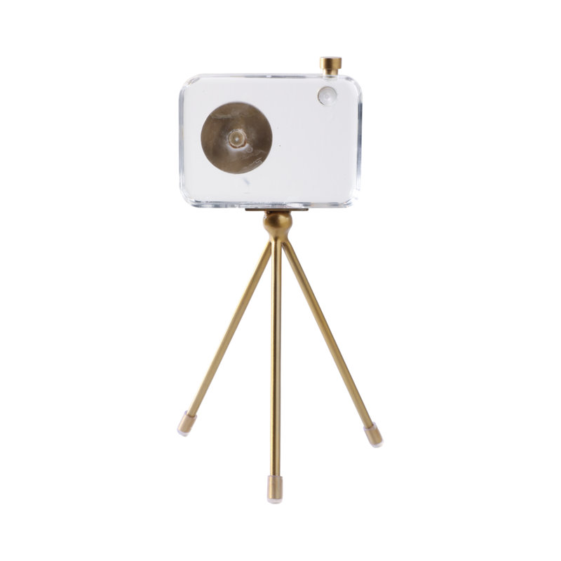 Decorative Camera Sculpture Gold and White Modern Accent for Home, Office, Bedroom, or Living Room Acrylic and Brass 10".