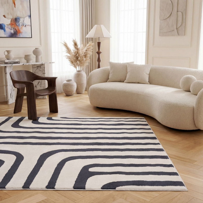 Loft Modern Curved Line Living Room Area Rug and Runner Soft Pile, Rectangle 240 x 340 cm, Navy/Ivory