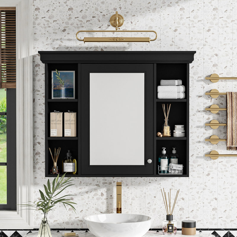 Armoire de rangement murale de salle de bain 35 "x 28" avec porte miroir, Noir