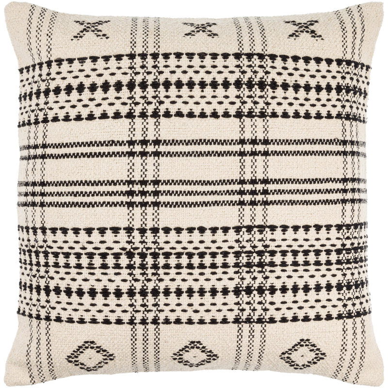 Beige and Black Cotton Square Accent Pillow, 18 inch