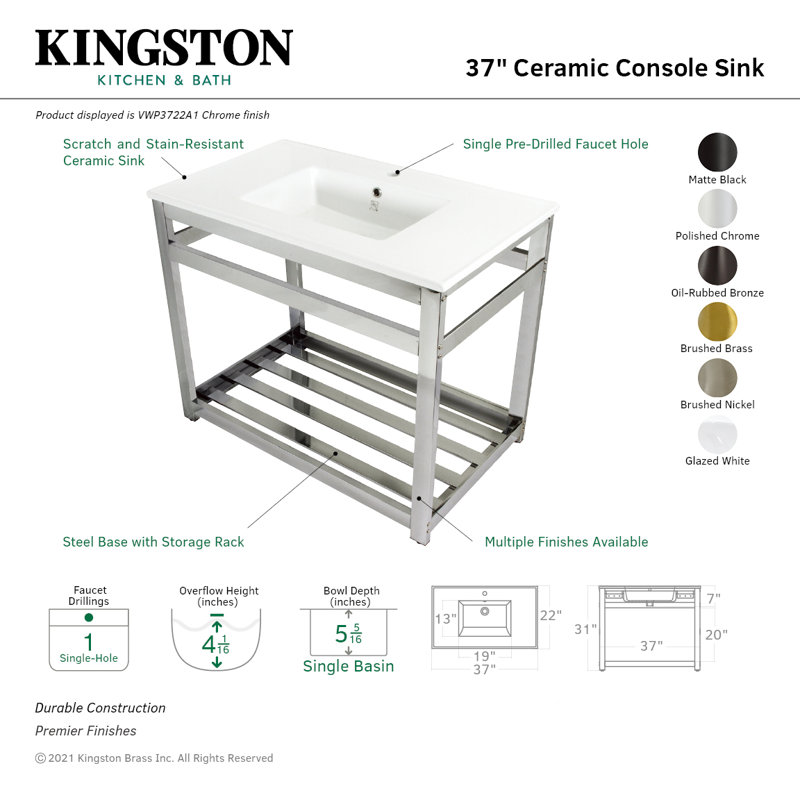 Quadras 37-Inch White Ceramic Console Sink with Steel Base