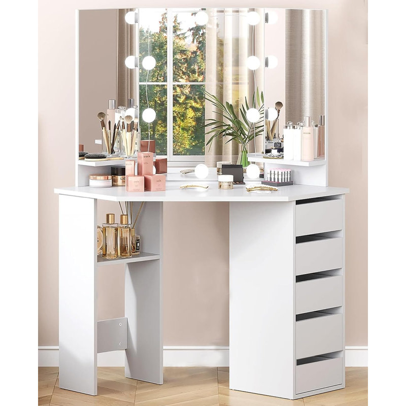 Coiffeuse Kialen avec 3 miroirs et 5 tiroirs, Rose