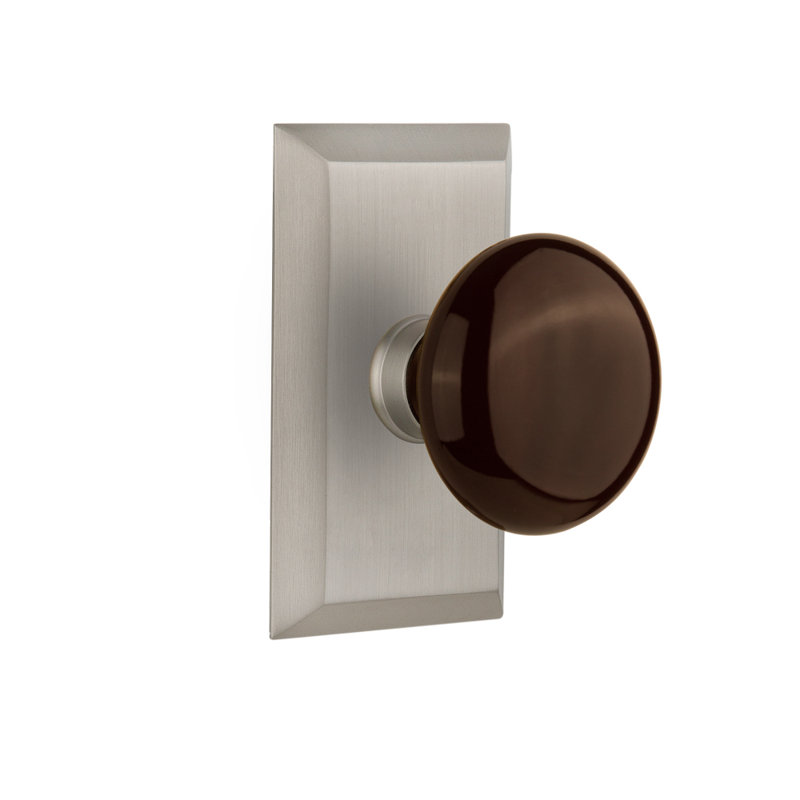 Studio Plate with Brown Porcelain Door Knob, Satin Nickel, 2-3/4”