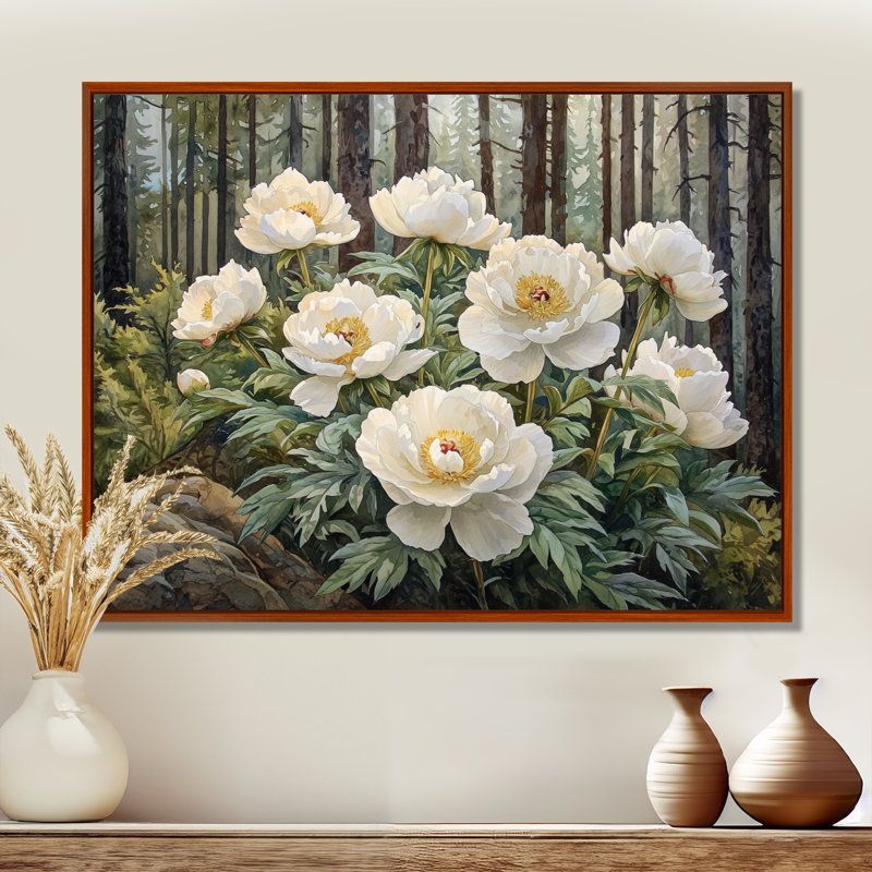 Gloriajean, pivoines estivales dans les pentes boisées III - pivoines, art mural, H 34 po x l 44 po, Brun