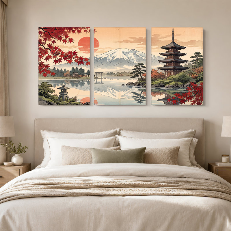 «Red Maple Leaves» encadrant le mont Fuji et la pagode, ensemble de 3 toiles murales, H 36 po x l 24 po x 3 pièces