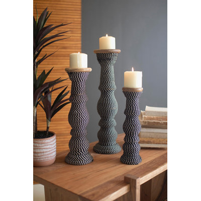  Set of Three Wood Pillar Candle Holders with Black and White Woven Detail Decorative Tabletop Decor Accent