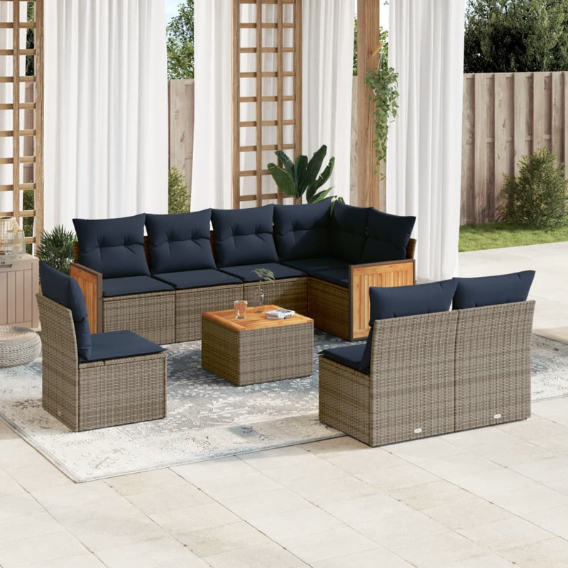 Ensemble de canapé de patio 9 pièces avec coussins en rotin de polyester, Gris, Marine