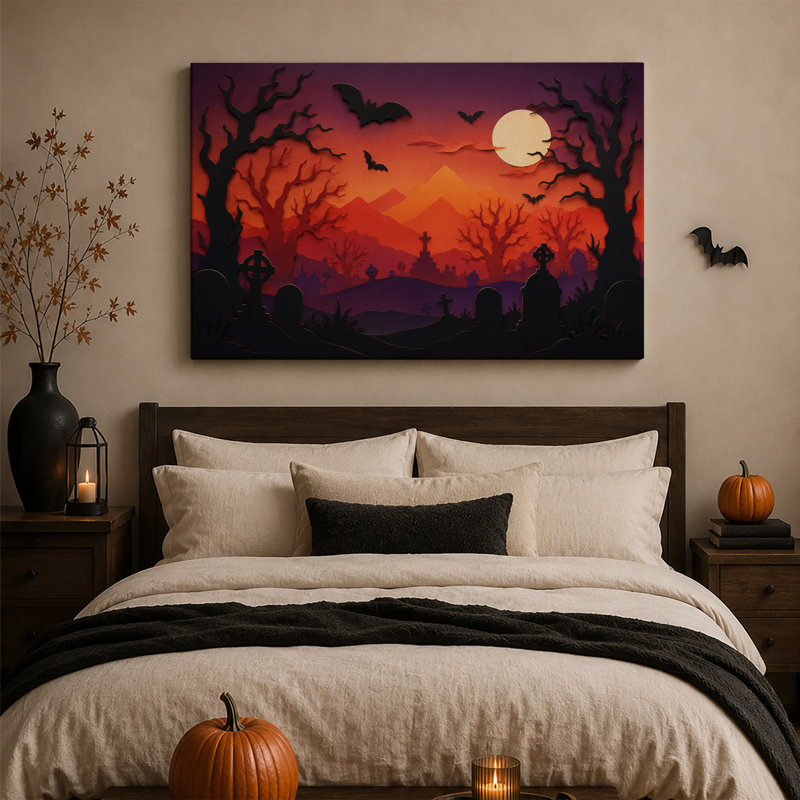 Tableau sur toile d'Halloween représentant un cimetière orange et violet avec des chauves-souris et la lune, 36"H x 48"W