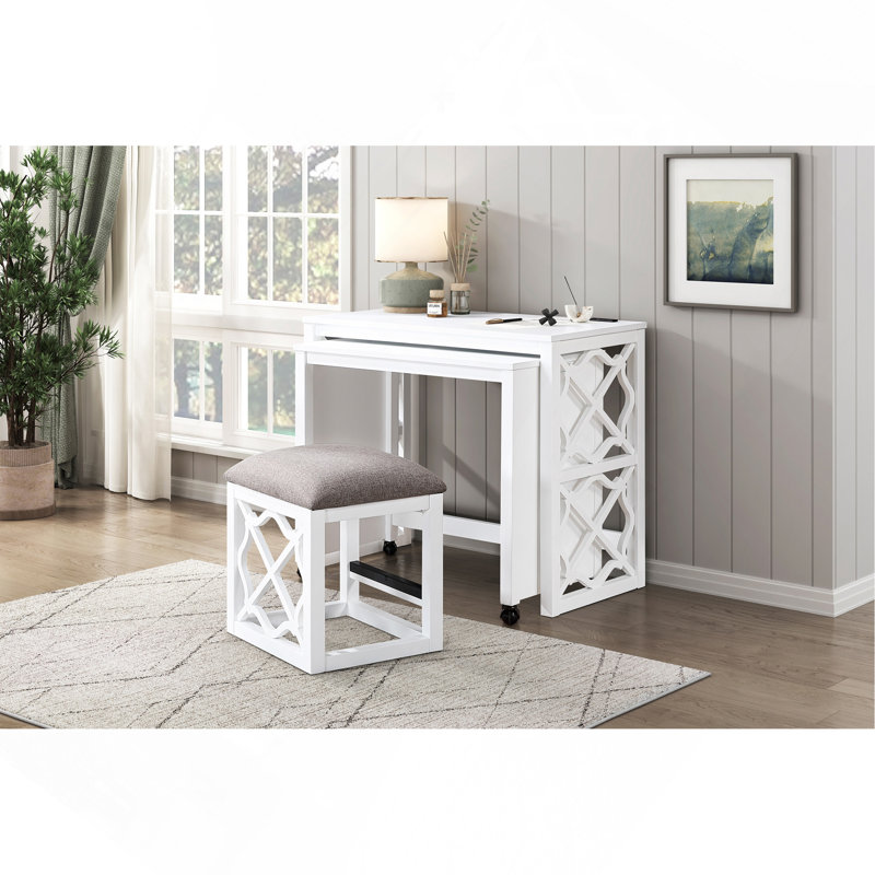 Desks And Stool Set 3Pc Finish Rolling Desk With Casters, 2 Charging Ports Home Office Furniture, White