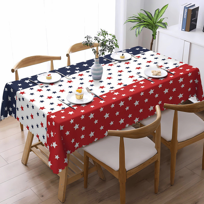4th of July ndependence Day Polyester Tablecloth, 86.6" L x 0.02" W, Blue/Red/White Starburst