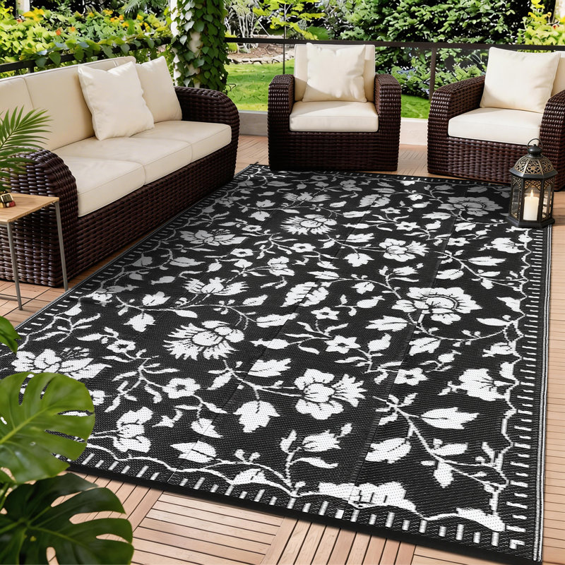Outdoor Patio Rug 6x9 Waterproof Floral Outdoor Rug for Camping with Portable Bag & Stakes, Hose-cleanable Plastic Straw RV Rugs Reversible Mats for Picnic Backyard Porch Balcony, Black