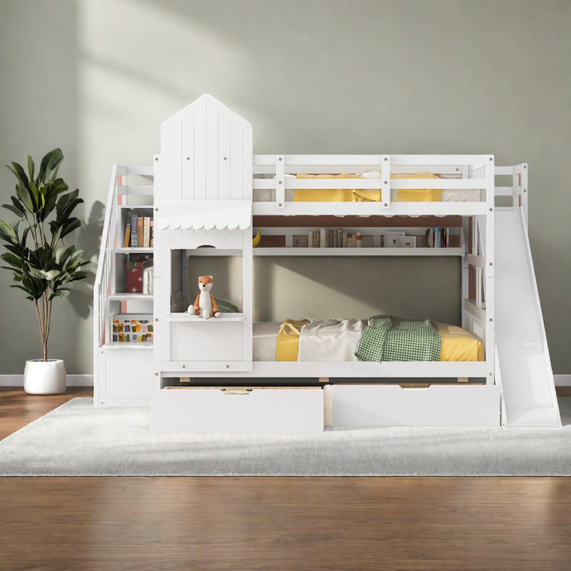 Lits superposés robustes en bois robustes avec rangement, conception de château et glissade
