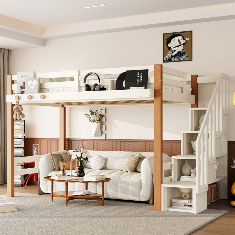 Lit mezzanine simple peu encombrant avec tablettes intégrées et crochet à vêtements