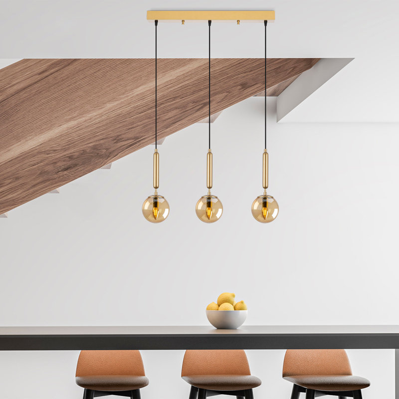 Luminaire suspendu à DEL pour îlot de cuisine à 3 lumières Jelmar, Or, Or brillant