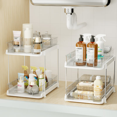 2 Tier Under Sink Organizers with Movable Dividers, Clear Multi-Purpose Pull Out Organizer, Stackable Storage Shelves for Kitchen, Bathroom, Makeup Vanity, Pantry, Fridge( 2Pack, 11.3"H & 9"H)