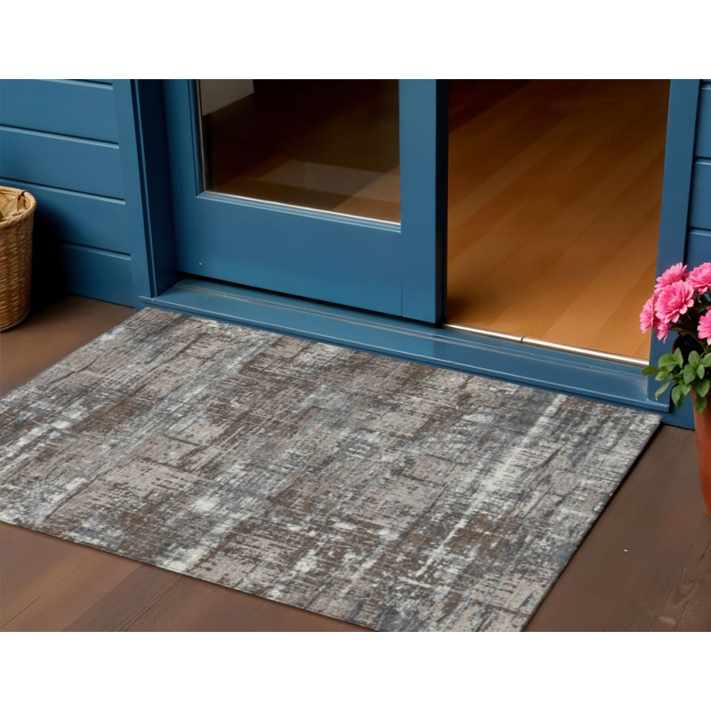 3' X 5' Brown And Charcoal Geometric Washable Indoor Outdoor Area Rug