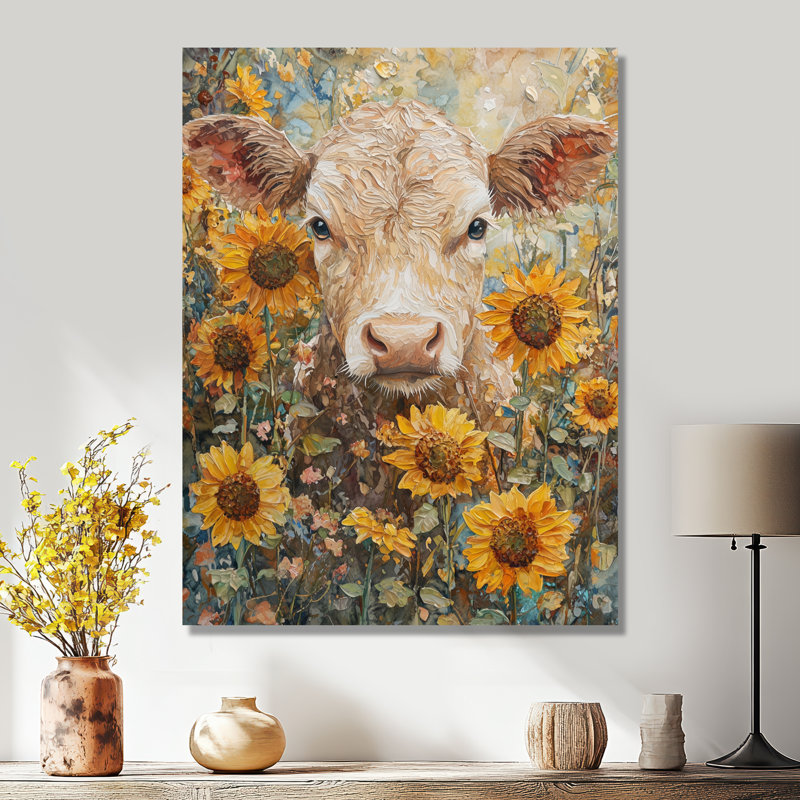 Peinture de vache avec tournesols II - reproduction métallique de vache, H 20 po x l 12 po