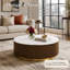 Table basse ronde de 35 po, table basse tambour en marbre véritable avec base en bois d'ingénierie cannelée et garniture en acier inoxydable de ton doré, table de salon contemporaine-1642326316