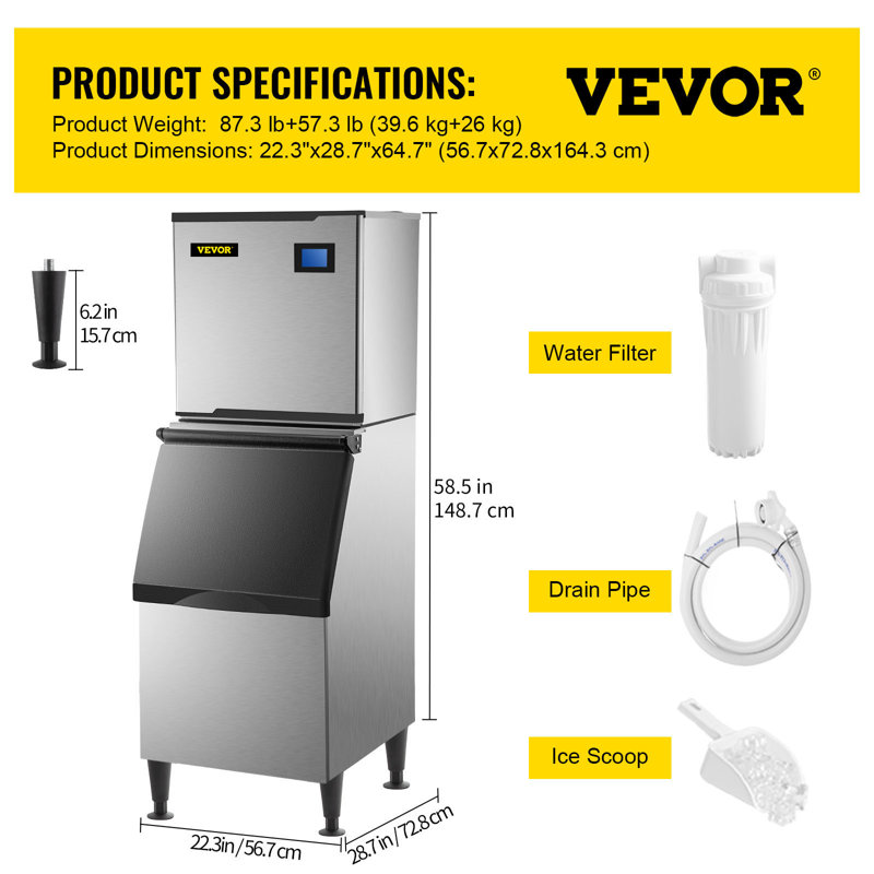 VEVOR 440 Lb. Machine à glaçons sur pied à production quotidienne