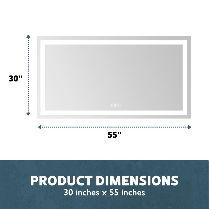 Miroir de luxe rectangulaire à DEL pour salle de bain / à intensité variable, antibuée, incassable, 30 po x 55 po