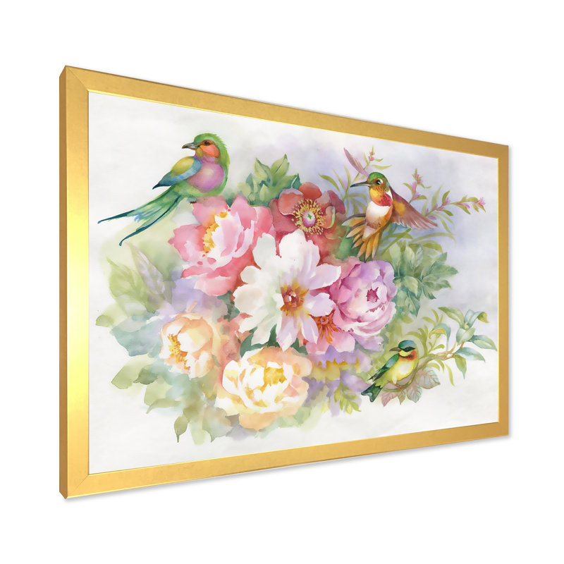 Fleurs vibrantes et oiseaux colorés - peinture sur toile, H 12 po x l 20 po x p 1 po, Cadre doré