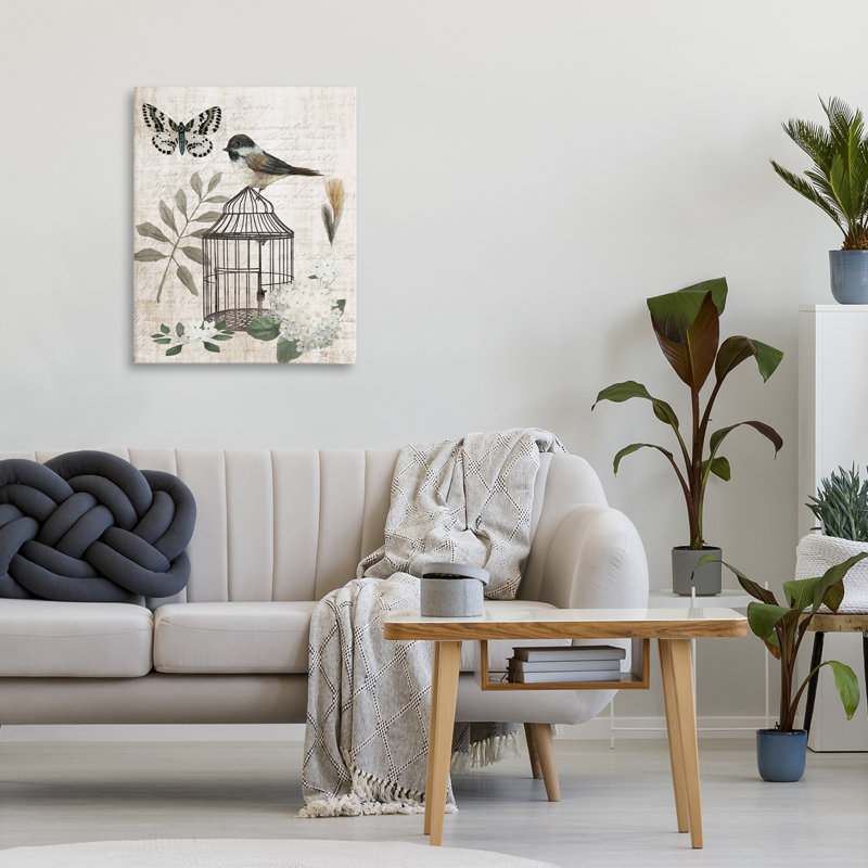 Toile rétro avec fleurs d'oiseaux de la ménagerie, design par Nan, H 20 po x l 16 po