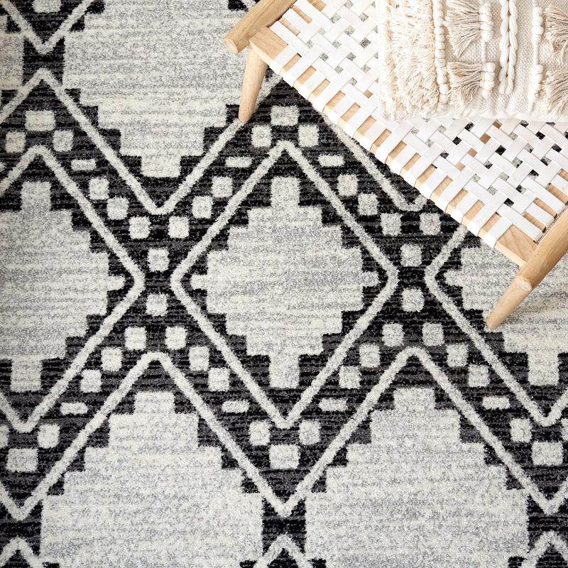 Burch Geometric Ivory/Black Area Rug, Rectangle 6'7" x 8'7"