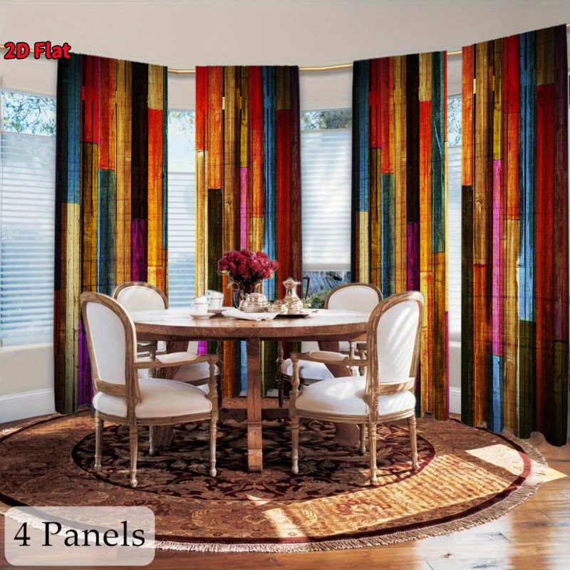 4Pcs Color Wood Grain Retro Geometric Scenery, Adopting Pocket Pole Installation, Digital Printing Curtains, Suitable for Living Room, Kitchen, Bedroom, Study, Bathroom, Hotel, Dining, Home Decoration