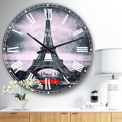 Horloge murale Eiffel et vieille voiture rouge - campagne française