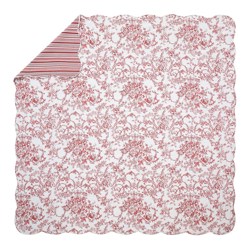 Red Full/Queen Cotton Reversible Quilt Set with Floral Print