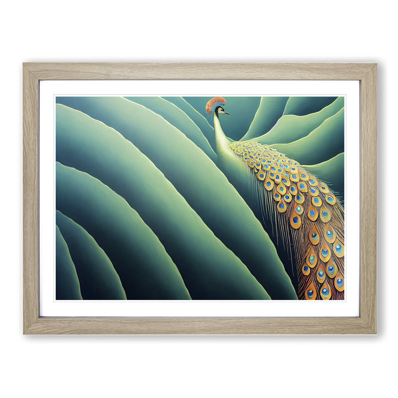 Bedazzling Peacock - Single Picture Frame Print, 46cm H x 64cm W x 2cm D, Oak Framed