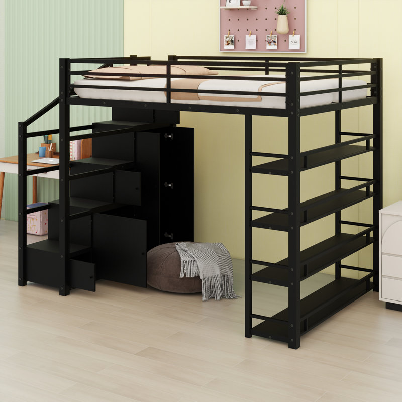 All-in-One Loft Bed with Multi-Tier Shelves, Enclosed Cabinets, and Hanging Wardrobe