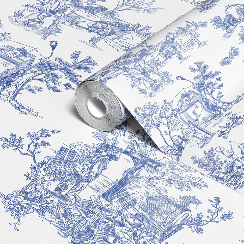 Apocalypse Toile Wallpaper, White/Blue/Ivory