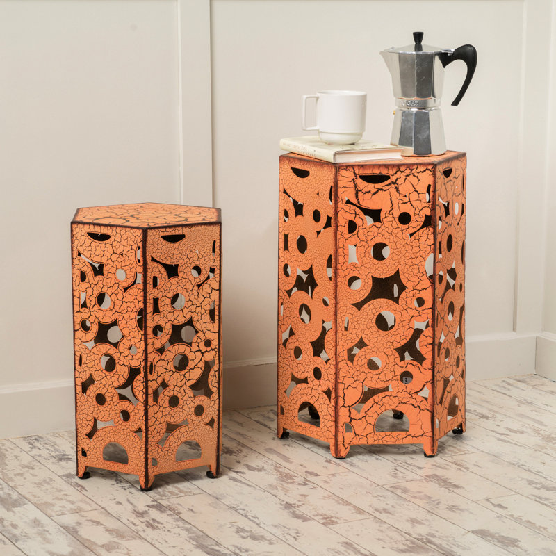 2 tables d'appoint, tables en fer orange pour l'intérieur et l'extérieur, P 14,51 po x l 12,34 po et H 12 po 10,50 po 18,25 po, aucun assemblage requis, décoration extérieure intérieure, P 14,51 po x l 12,34 po x H 12 po D