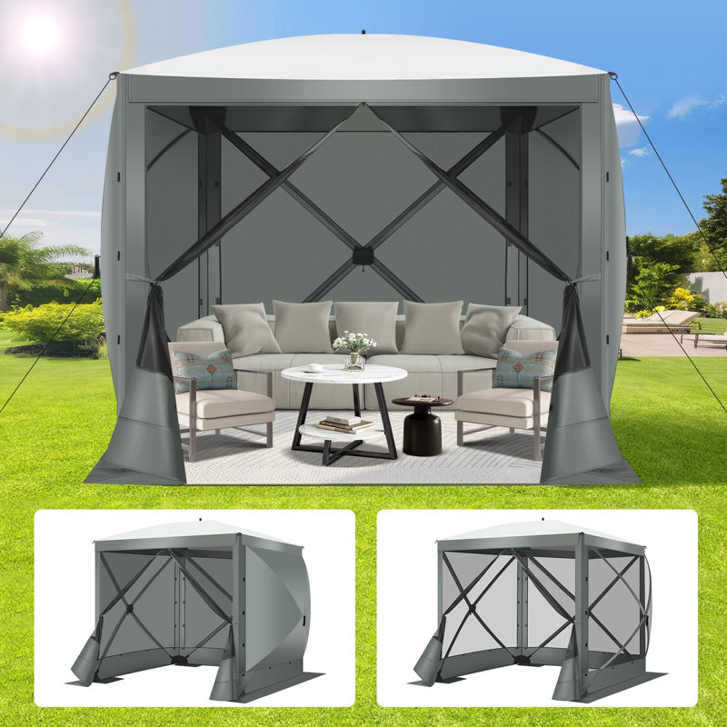 6x6FT Camping Gazebo Screen Tent,  Sided Pop-up Canopy Shelter with Mesh Windows, Grey