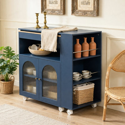 Îlot de cuisine roulant avec table allongée, îlot de cuisine sur roulettes avec lumières DEL, prises de courant et 2 portes en verre cannelé, îlot de cuisine avec compartiment de rangement et 3 tablettes ouvertes latérales