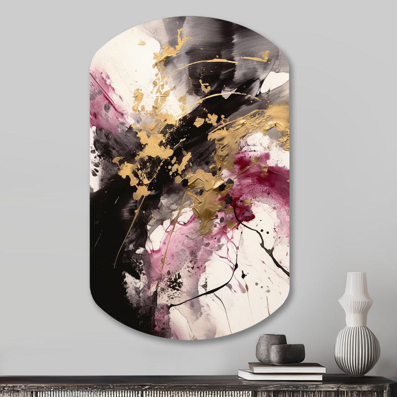 Gold and Pink Fluid Fusion II - Abstract Cylinder Print on Metal, Modern Asymmetrical Metal Wall Decor, 31" H x 19" W x 1" D