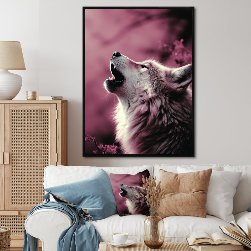Art mural loup rose au coucher du soleil, Cadre flottant noir, 20" H x 12" W