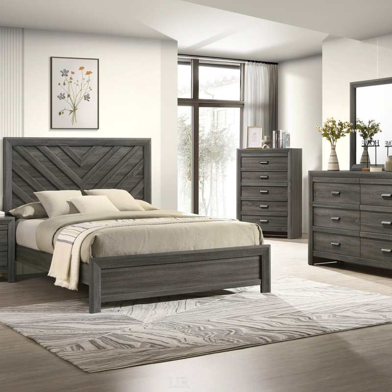 Lit très grand rustique gris avec tête de lit à motif géométrique à chevrons, parfait pour les chambres à coucher modernes et élégantes.