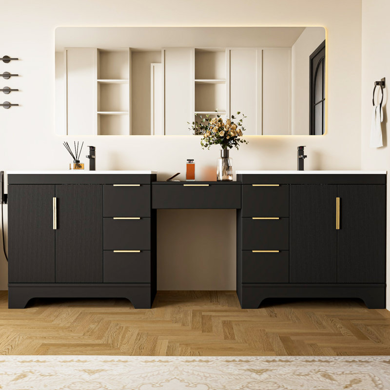 96" Freestanding Double Sink Bathroom Vanity With Sink Top, 24" Makeup Countertop With Drawer, Bathroom Cabinet Shelf With Drawers And Doors