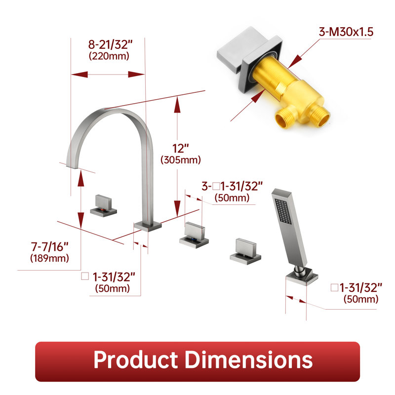 Robinet de baignoire romaine contemporaine à 5 trous et 3 poignées Sumerain, robinet de baignoire cascade avec douche à main, nickel brossé, valve en céramique et laiton massif