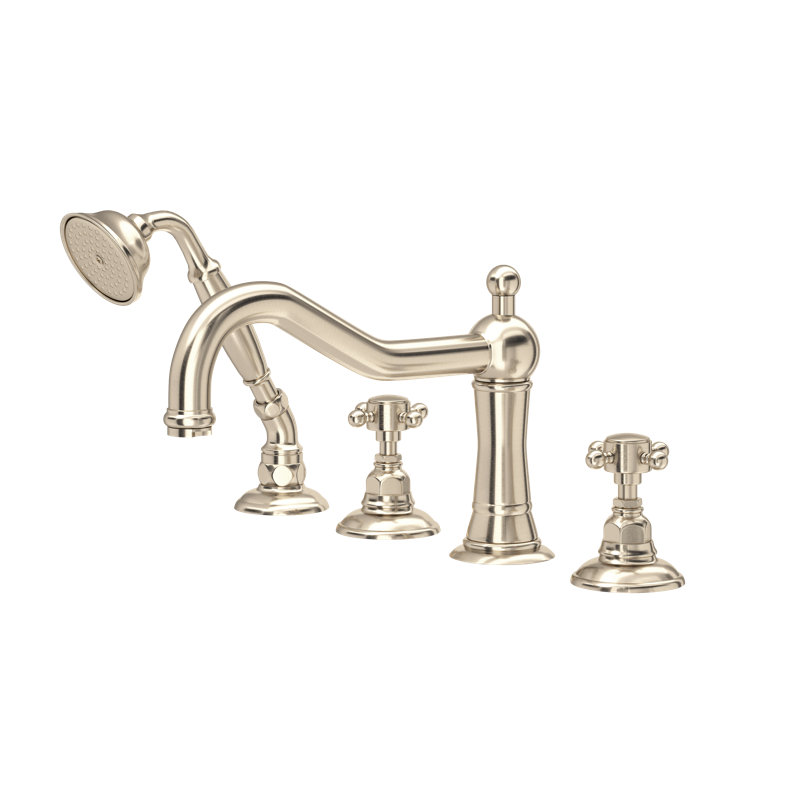 Acqui 4-Hole Deck Mount Tub Filler, Satin Nickel, Cross Handle